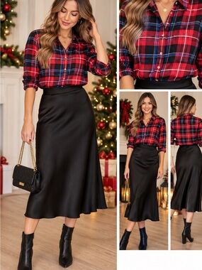 ASOS Red Navy Blue Plaid Button Down Shirt Long Sleeve M